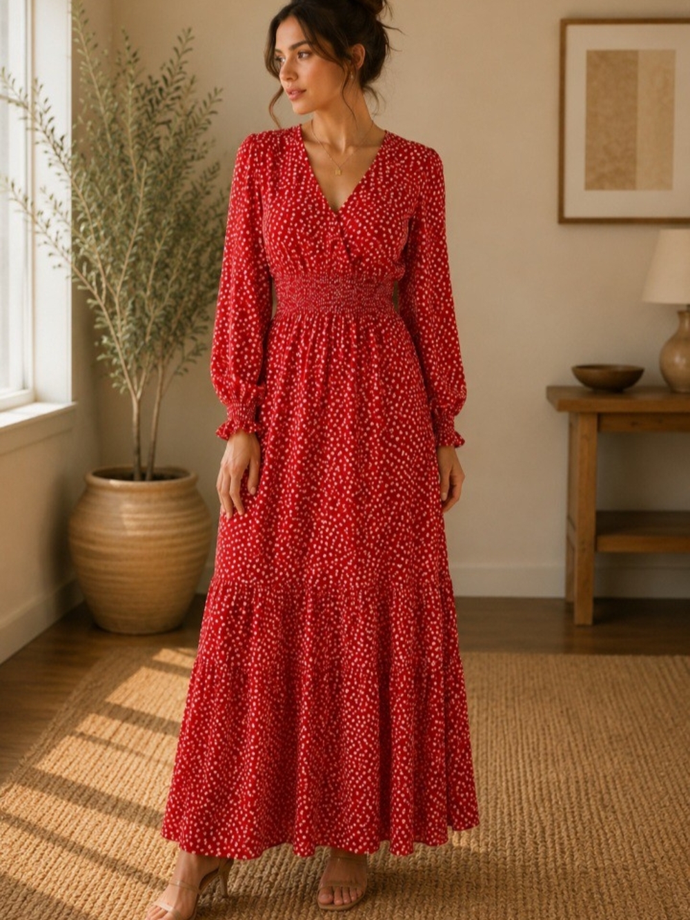 SHEIN Red Polka Dot Smocked Waist Maxi Dress
